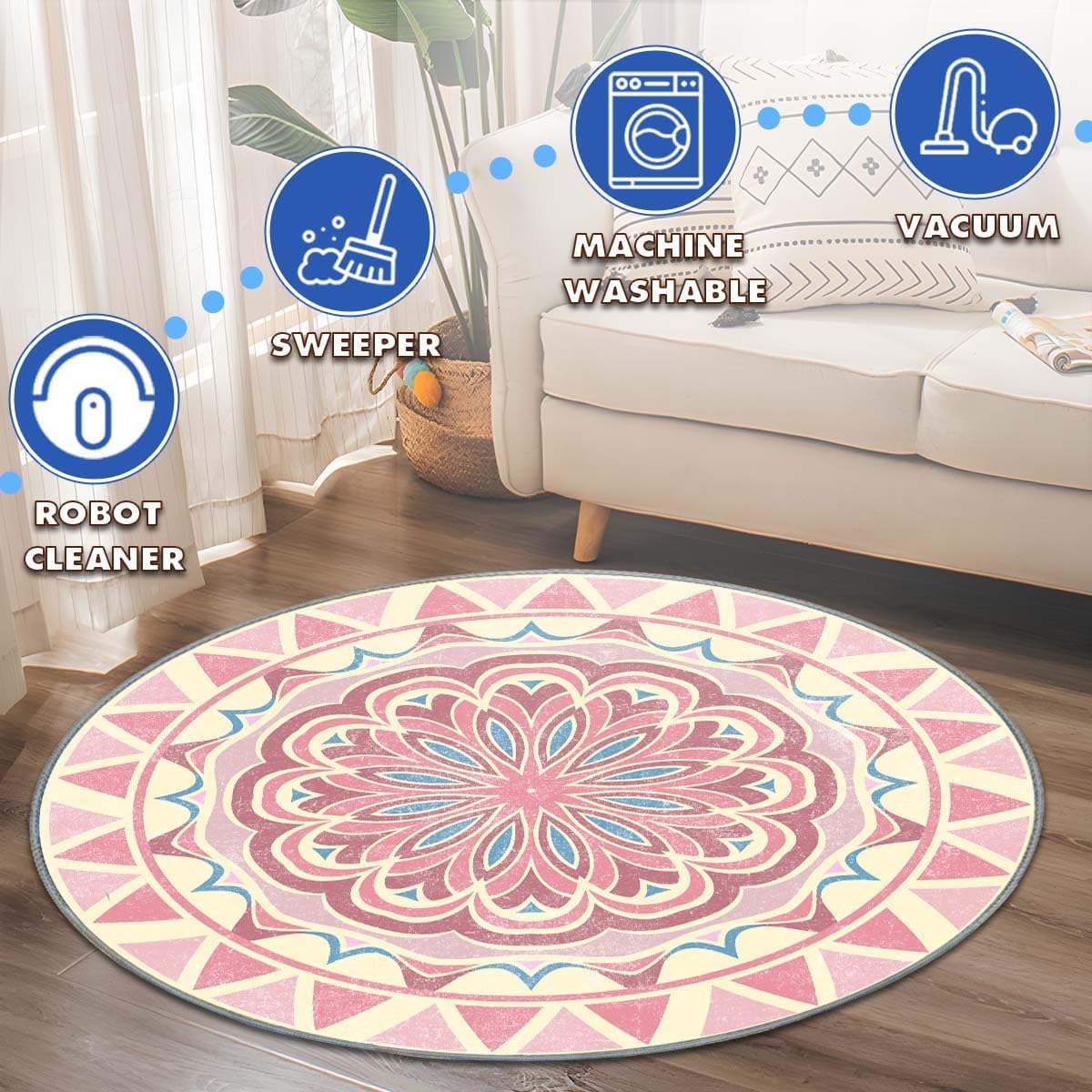 Office Short Pile Chair Mat, Non-Slip Noise-Reducing Desk and Chair Rug, 47 Inch Round Mat, Office、Study Decorative Rug for Wood Floors, Laminate and Ceramic Tiles (Mandalas)