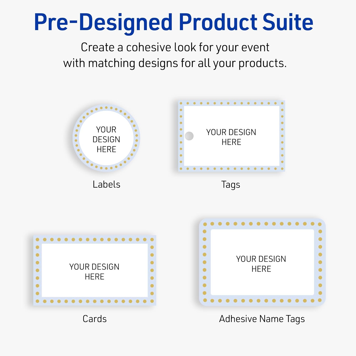 Avery Printable Round Labels, Sure Feed Technology, Blue Border, Gold Dots Design, 2" Diameter, Glossy White, Permanent Adhesive, Laser/Inkjet, 120 Total, Great for Product Merchandising