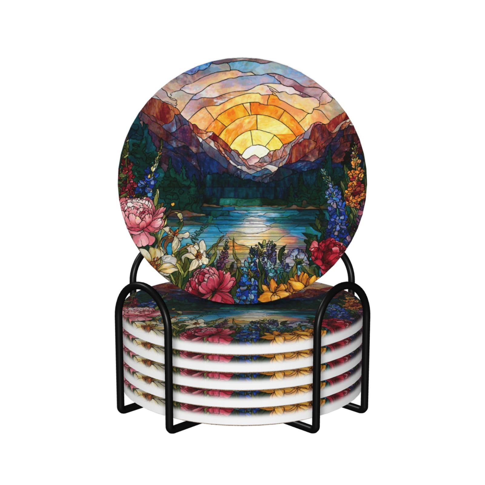 Stained Glass Mtn Wildflowers Peonies Coasters Set 6