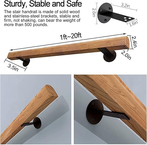 Miniatura 2 de Barandillas de madera para escaleras de 5 pies, barandillas para escaleras interiores y exteriores, soporte de pared de seguridad resistente,