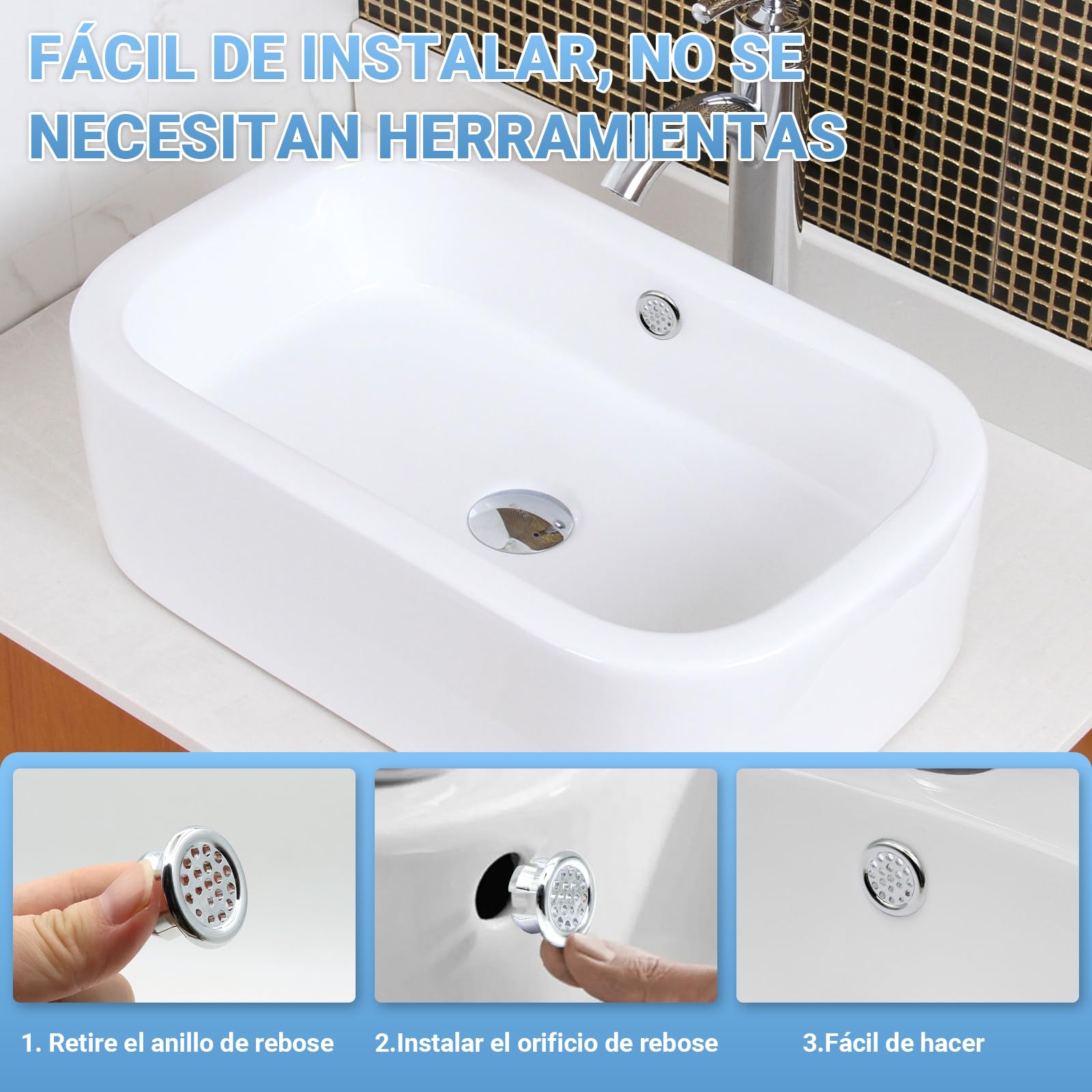 ZOCONE 8 Piezas Embellecedor Lavabo Agujero, Anillo Desbordamiento Embellecedor Rebosadero Lavabo, Anillo Hueco Agujero Redondo Tapa Rebosadero Lavabo Inserto para Fregadero, Baño, Cocina