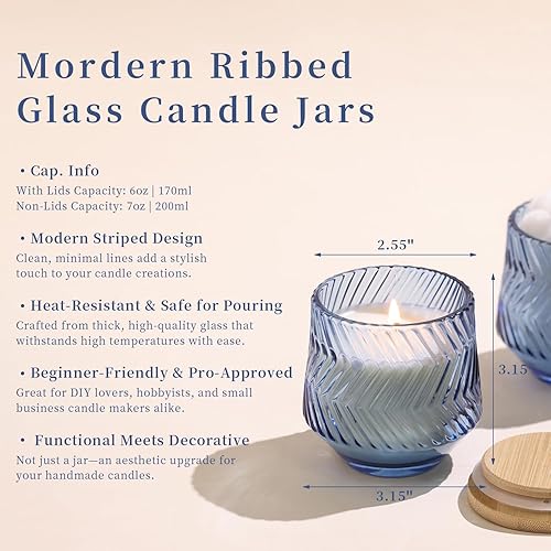 Miniatura 3 de 8 tarros de velas azules de 7 onzas para hacer velas, tarros de vela únicos acanalados, tarros de vidrio con tapas de bambú y etiquetas