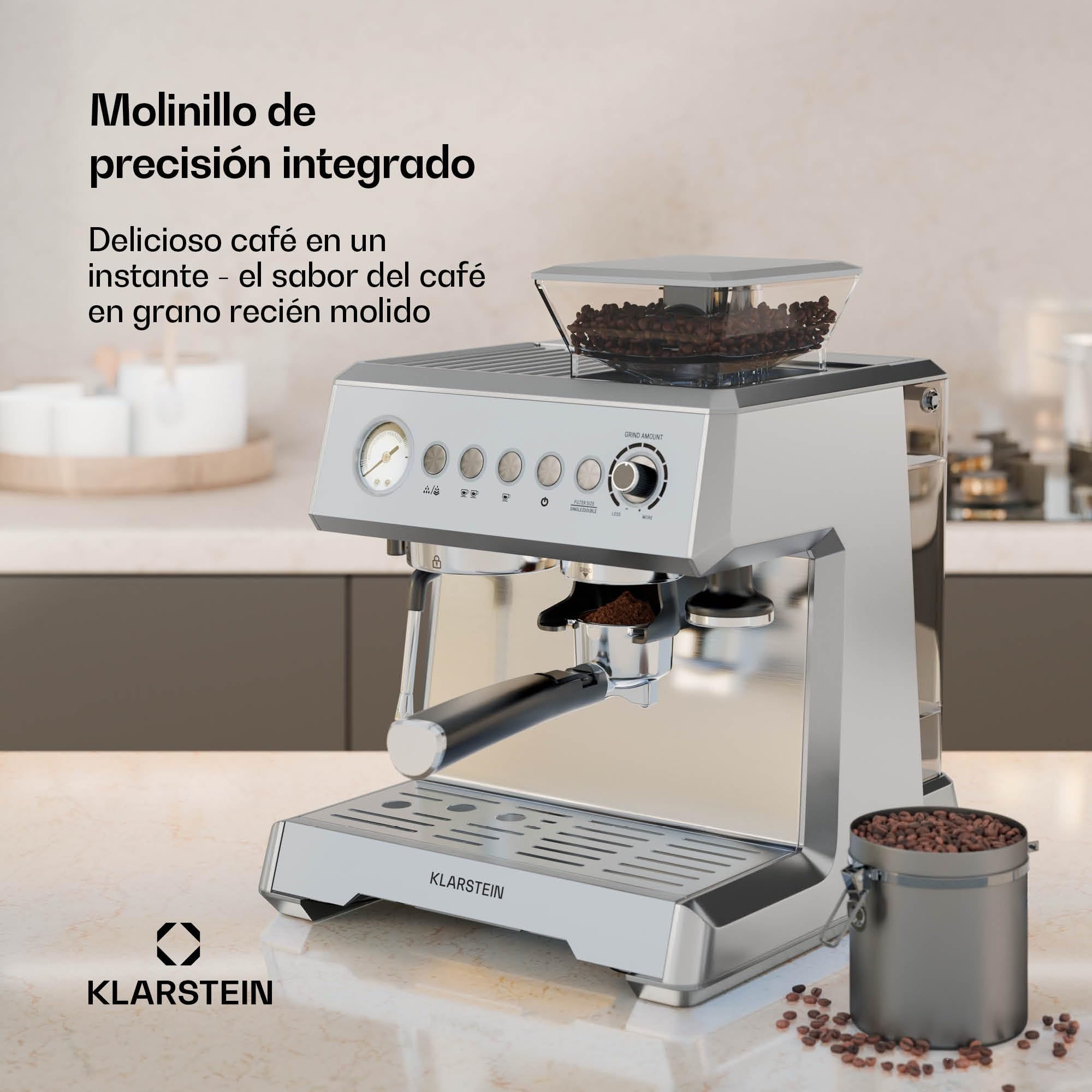 KLARSTEIN GrandPresso Cafetera Exprés 20 Bares - Molinillo Integrado, Boquilla de Vapor, 2,3L, Cafetera Barista, Espresso y Capuchino, Fácil de Usar y Limpiar