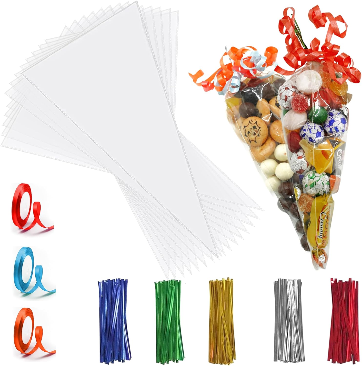 14x26cm Sweet Cone Bags with Twist Ties and Ribbons, 100Pcs Cellophane