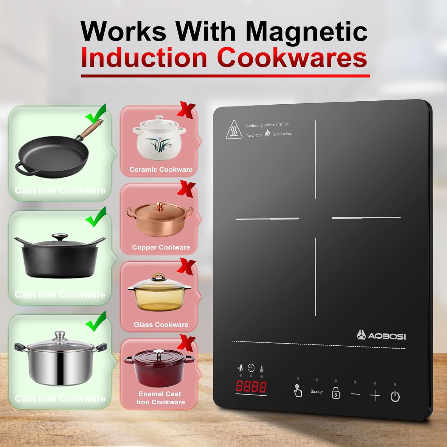 Diagram showing compatible and incompatible cookware for induction cooktops. Compatible types include cast iron and stainless steel, marked with a green check. Incompatible types include ceramic, copper, and glass, marked with a red X.