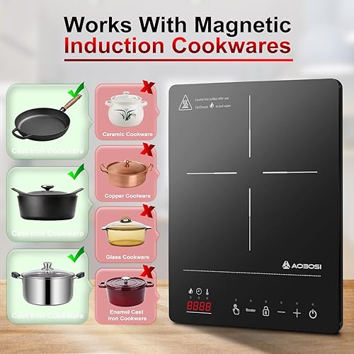 AOBOSI Induction Hob, Induction Hob with Booster Function, 10 Power Levels and Temperature Settings, Compact Size, Portable Induction Hob 2000W, 3H Timer, Black - 9