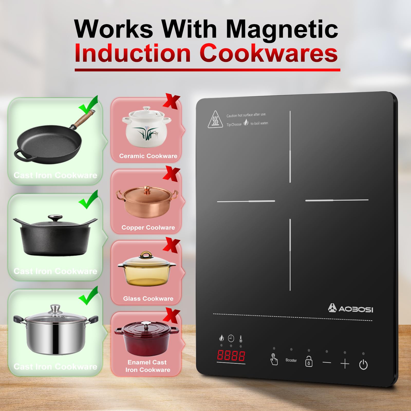 Aobosi Induktionskochfeld 2000W 1 Platte mit Booster-Funktion, 20 Leistungsstufen, 10H-Timer, Schwarz