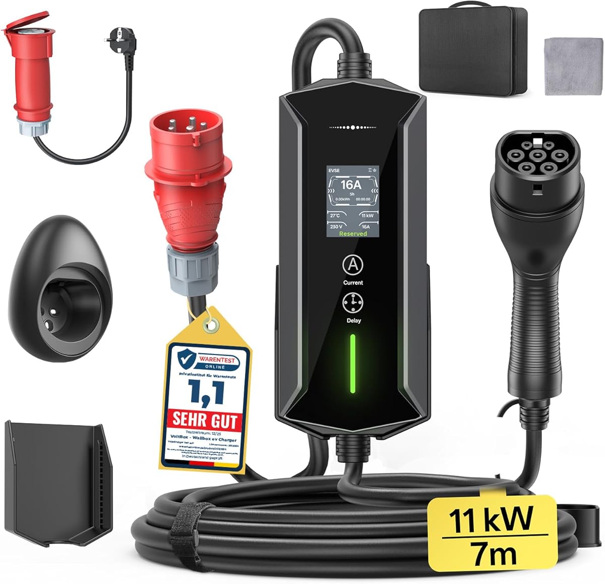 Mobile Wallbox 11kW Typ 2 Ladekabel - 7m|6-16A|3-phasig EV Ladegerät Wasserdicht mit Einstellbarer Ladeleistung, Einstellung Startzeit, CEE 16A auf Typ 2 Ladekabel, für Allen EVs(IEC 62196-2) & PHEVS