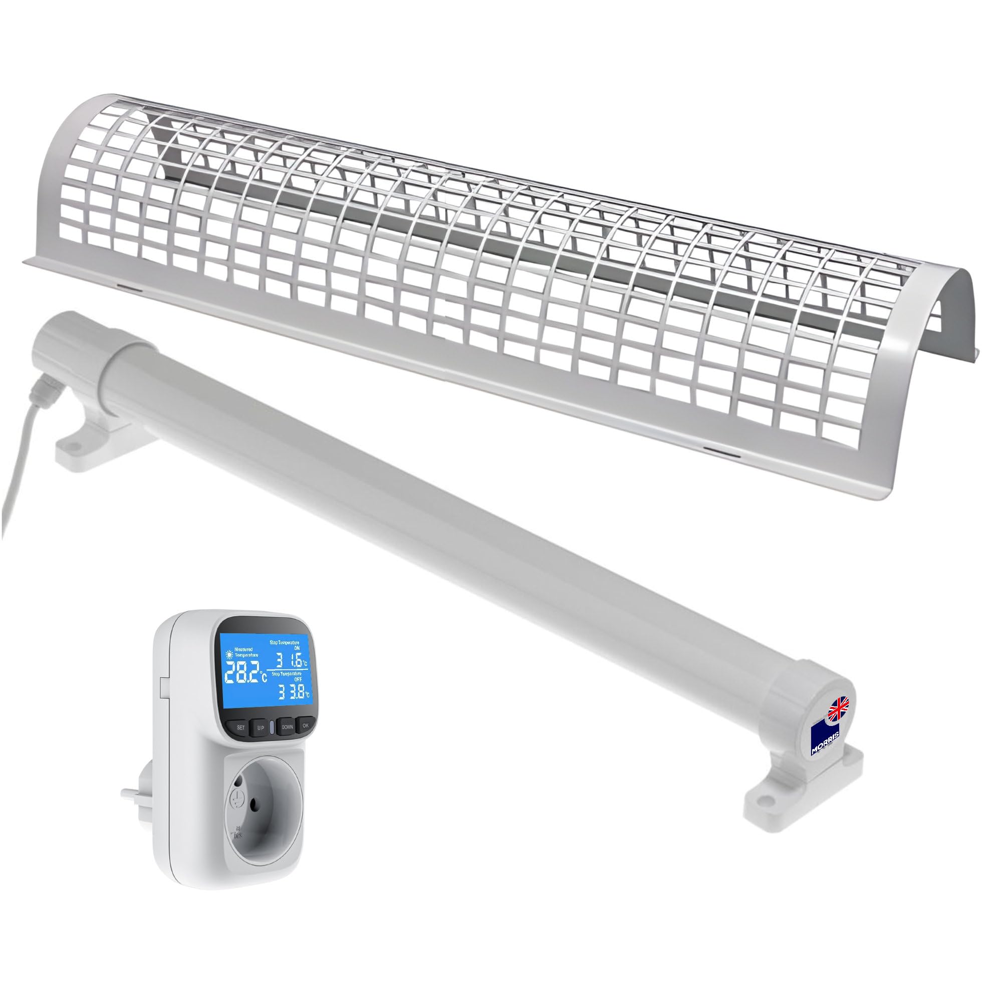Morris 4ft Tube Heater Set with Digital Thermostat Plug & Safety Guard - 240W Powerful Tubular Heater for Garages, Sheds & Large Cupboards - IP55 Rated, Easy Fit Brackets Included