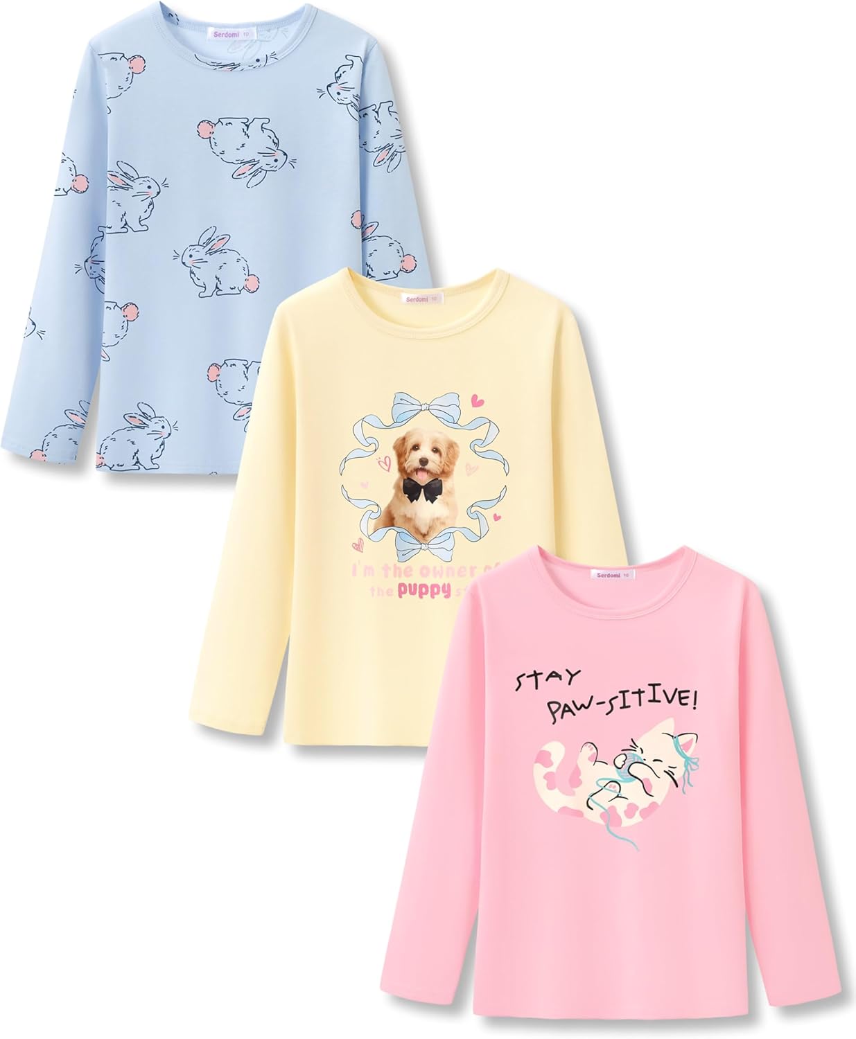 Girls Long Sleeve T-Shirt 3 Packs- Soft Tops Star Dog/Heart Shaped Balloons/Bunny Graphic Tee Size 6-14