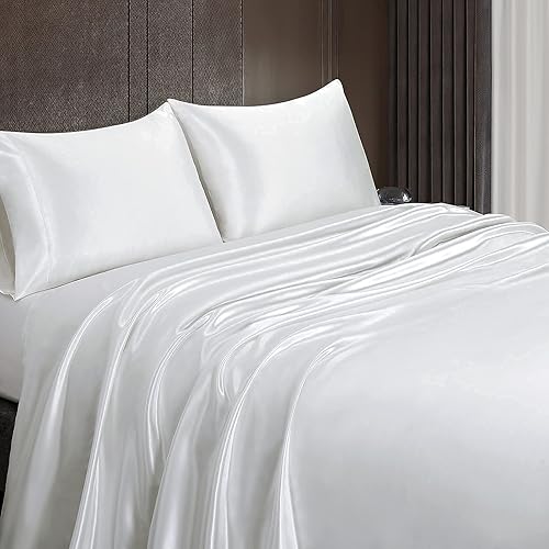 Mulberry Silk - Juego de sábanas lisas de seda 6A graduado (12 momme), tamaño Queen olímpico (66 x 80 pulgadas), blanco, juego cómodo y acogedor de