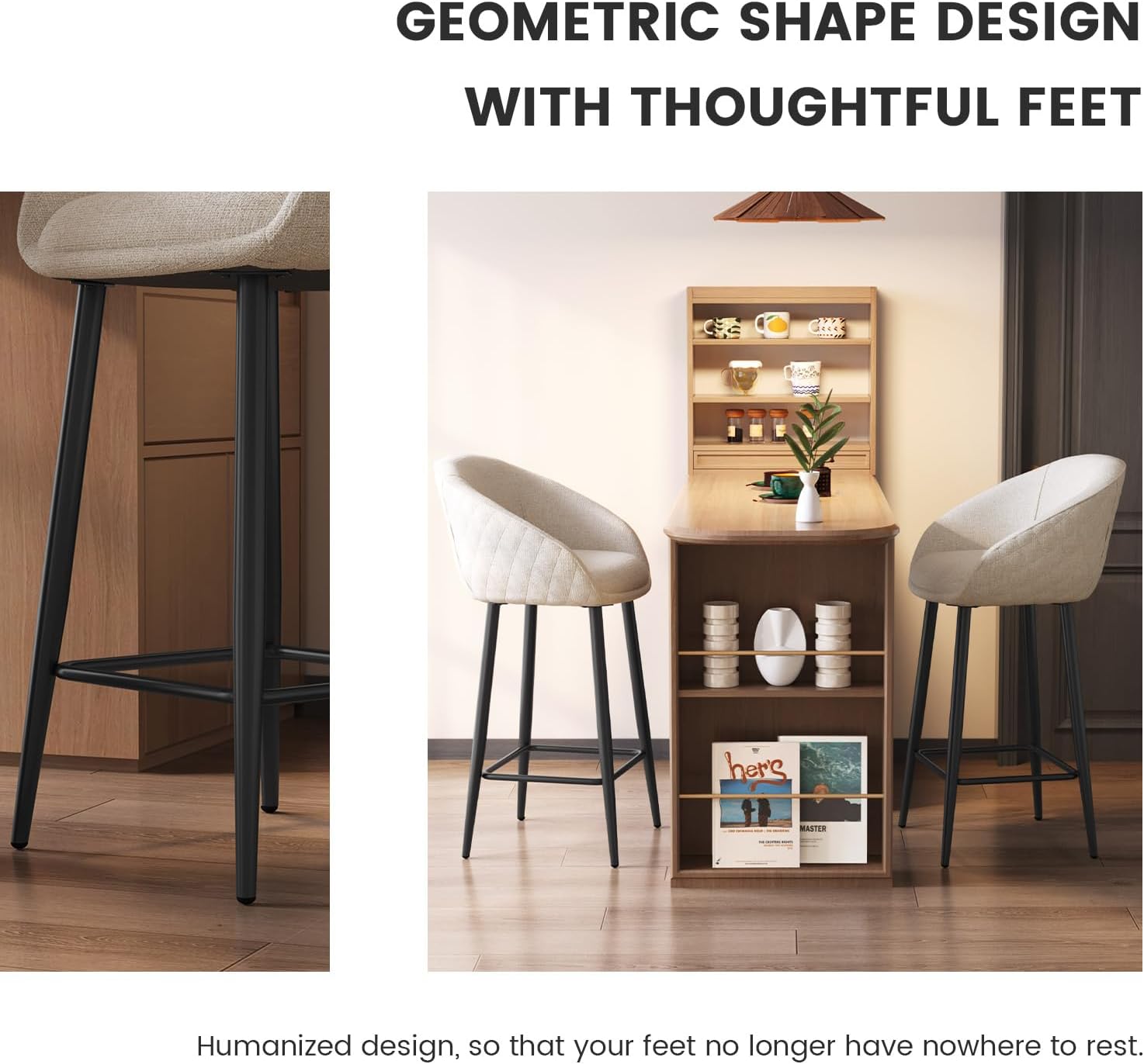26" Counter Height Bar Stools Set of 2, Upholstered Bar Chairs with Curved Back, Linen Fabric Seat, Metal Legs & Footrest, Modern Barstools for Kitchen Island & Dining Room, White