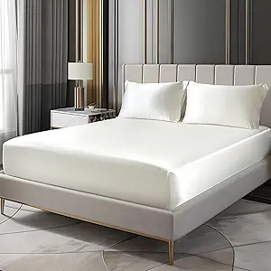 BEDELITE Satin Fitted Sheet and Pillowcase Set, Luxury Soft Similar to Silk Bottom Bed Sheet with Elastic Corner Straps, Deep Pocket up to 15 Inch, 1 Fitted Sheet and 1 Pillowcase(Twin XL,Ivory White)