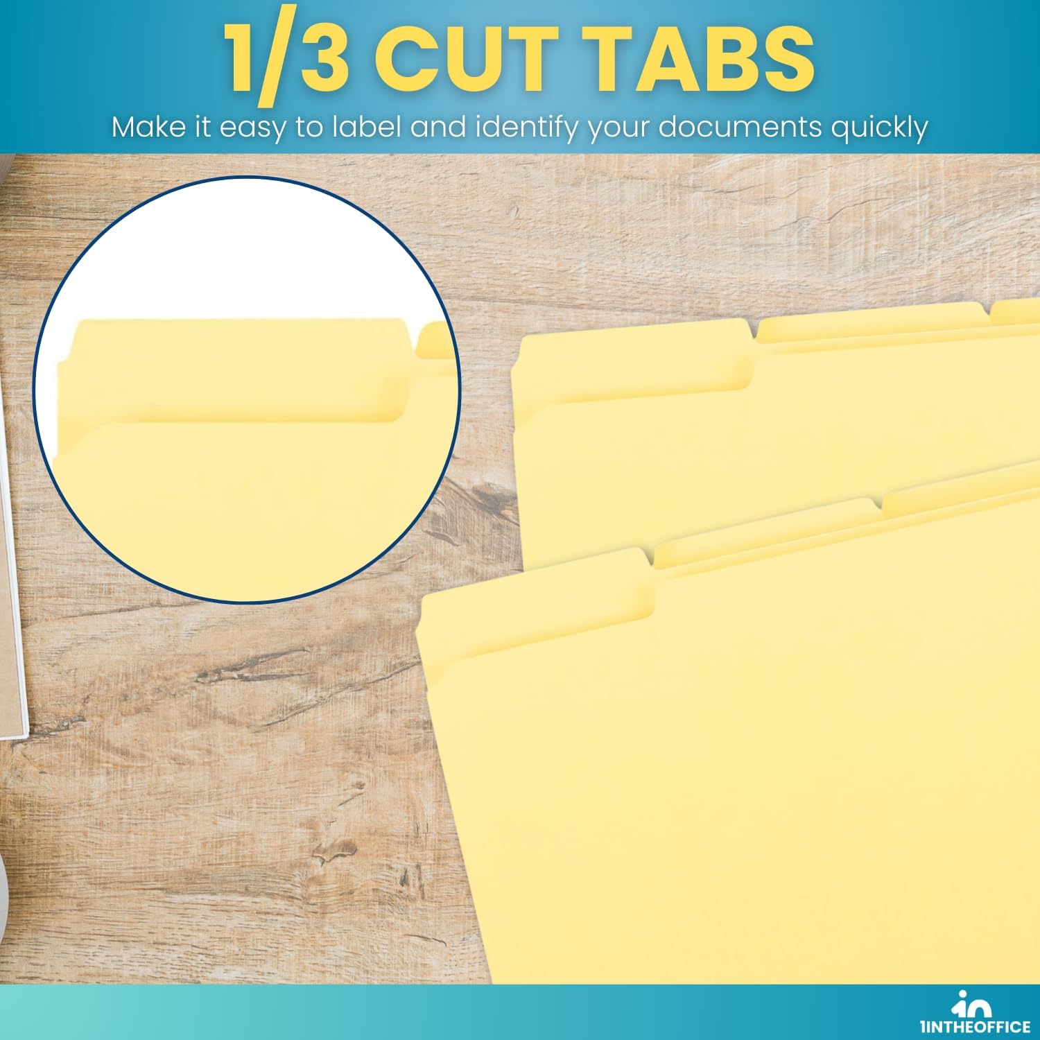 1InTheOffice Yellow File Folder Letter Size, 1/3 Cut Assorted Tab, Reinforced File Folders, Letter Size Folder 100/Pack