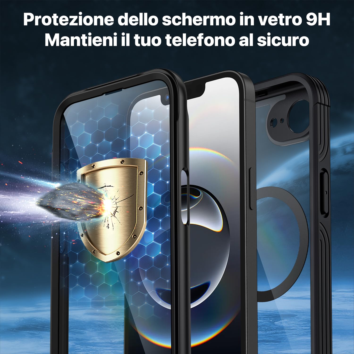 CENHUFO Magnetica Cover iPhone 16E, [Compatibile con Magsafe] Protezione Schermo Vetro Temperato 9H Integrata, 360 Gradi Antiurto Rugged Fronte Retro Doppia Faccia Case Custodia iPhone 16E - Nero