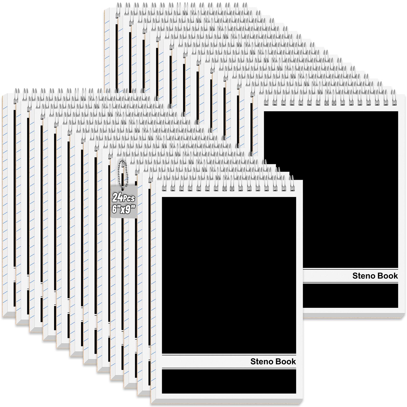24 Pack Black Steno Pads 6 x 9 in Spiral Top Notebooks Bulk Note Pads 60 Sheets Gregg
