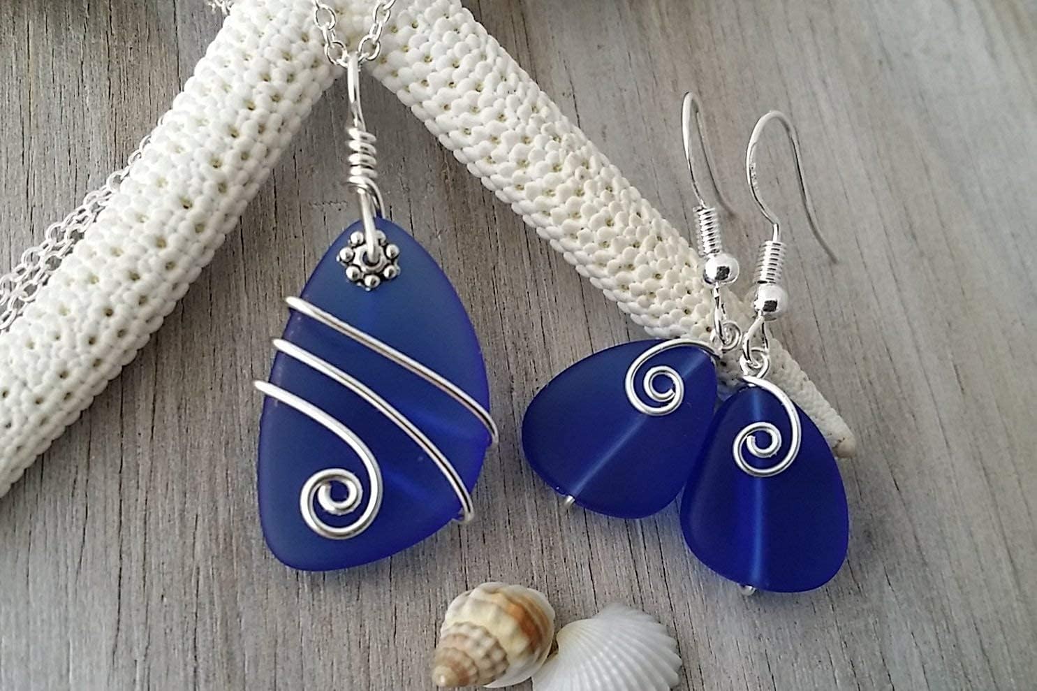 yinahawaii HandmadeWire wrapped cobalt blue sea glass Necklace+Earrings Set, gift box, sea glass earrings, Hawaiian jewelry.