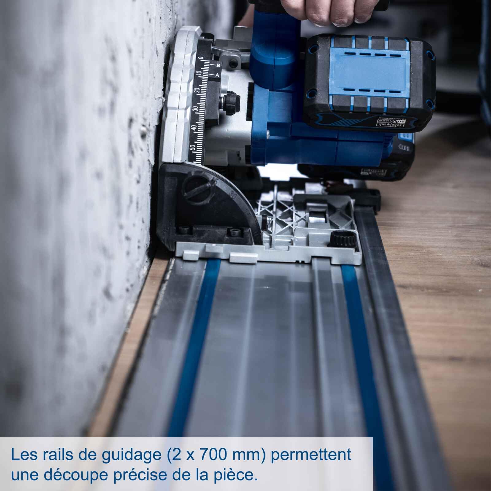Scheppach Akku Tauchsäge BC-PL60-X Tauchkreissäge inkl. 2x 700mm Führungsschiene & Zubehör | Schnitttiefe 61mm | Neigung 0°-48° | 20V-IXES-Serie | 10 Jahre Garantie | mit 2x 4Ah Akku & Doppelladegerät