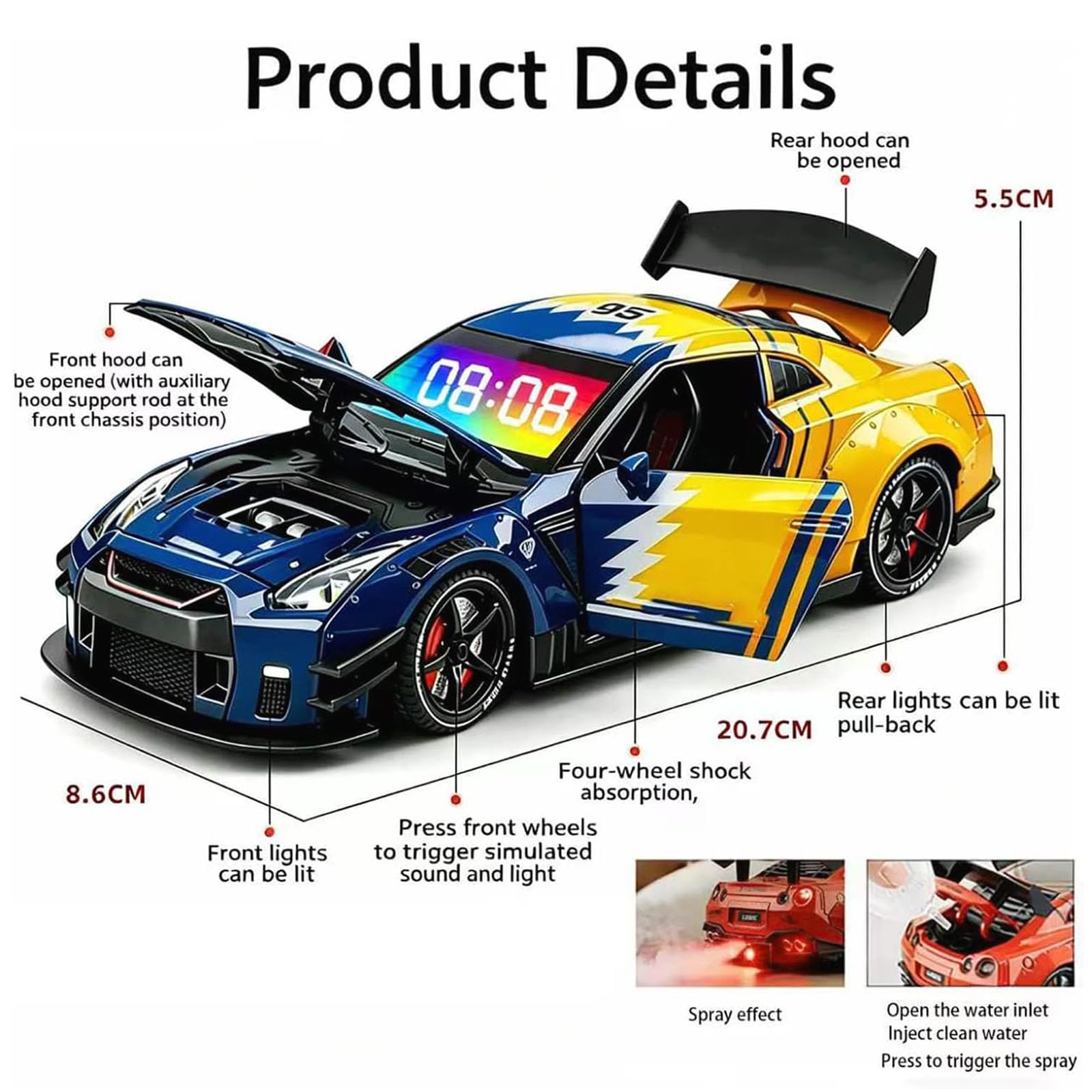 Reloj de Alarma Hiper-coche, Reloj de Alarma para Coche, con Pantalla LED de Cristal Claro, Reloj Digital, Relojes Modernos de Coches Deportivos para Mesita de Noche, Decoración de Escritorio con