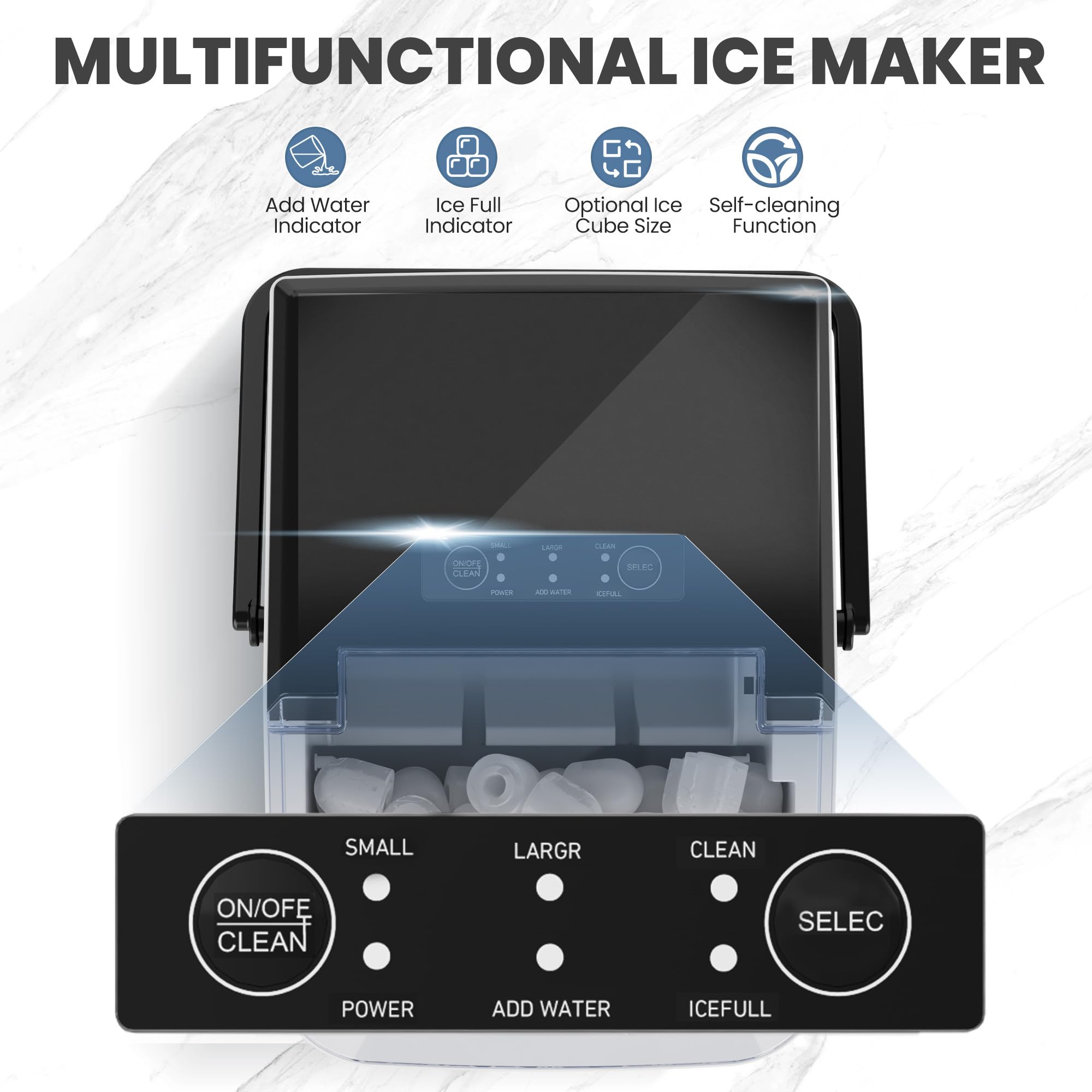 DUMOS Fast & Quiet Ice Maker for Countertop – 9 Bullet Cubes in 6 Mins, 26lbs/Day, Self-Cleaning Portable Ice Machine with Handle for Home, Kitchen, Dorm, Black - Image 4