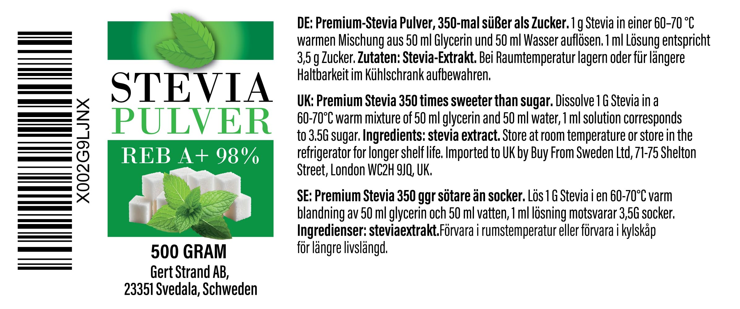 Aromhuset Stevia Extrakt REB A+ 98% 500 g – 100% Reines Premium-Stevia Pulver, ultrafein, zuckerähnlicher Geschmack, bis zu 350-mal süßer als Zucker