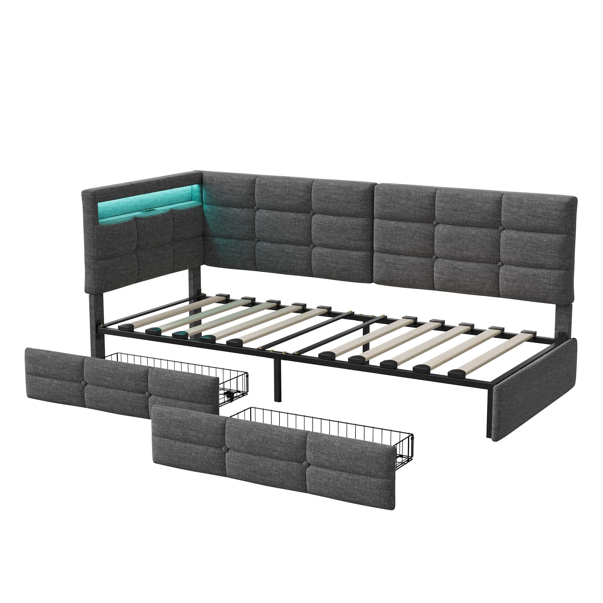 Łóżko dziecięce 90 x 200 cm z diodami LED i portem USB, 1-osobowa sofa 90 x 200 cm z 2 szufladami i stelażem, wyściełany zagłówek w kształcie litery L, dla nastolatków i dorosłych, lniane, szare