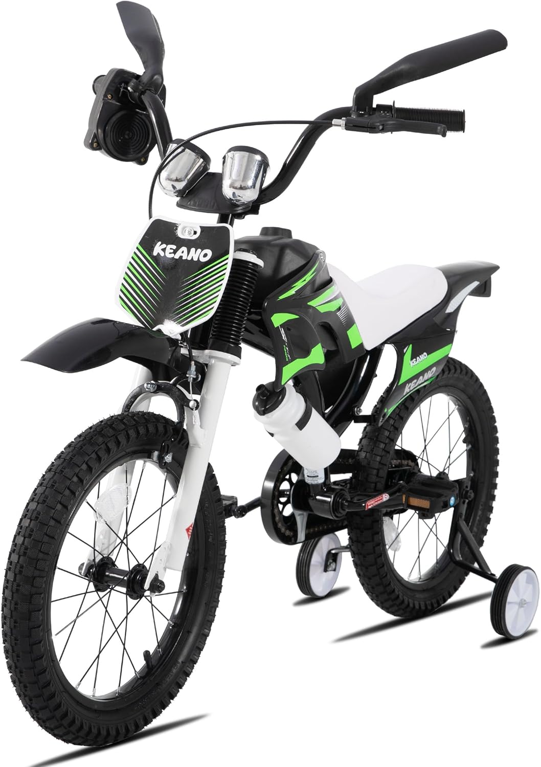 KEANO Motocross Style Kids Bike for Boys Girls Ages 3-7 Years, 12 & 16 Inch Bikes with Training Wheels and Number Plate, Children Bicycles Black