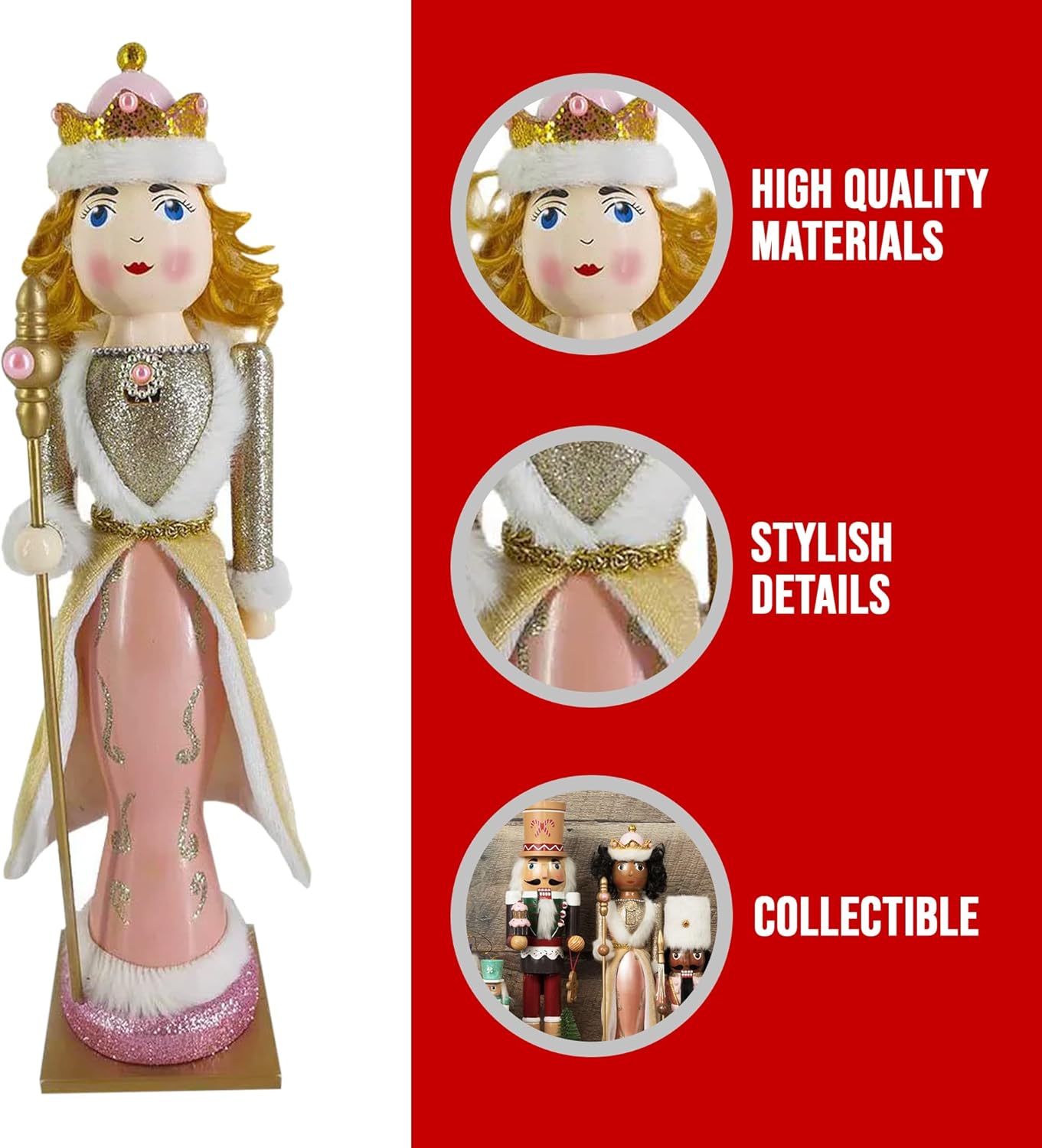 Nutcracker Ballet Gifts, Nutcracker Christmas Ornaments, Wooden Figure Decoration with Rose Gold Glitter Uniform for Holiday Home Decor, 14 Inch, White Nutcracker Queen