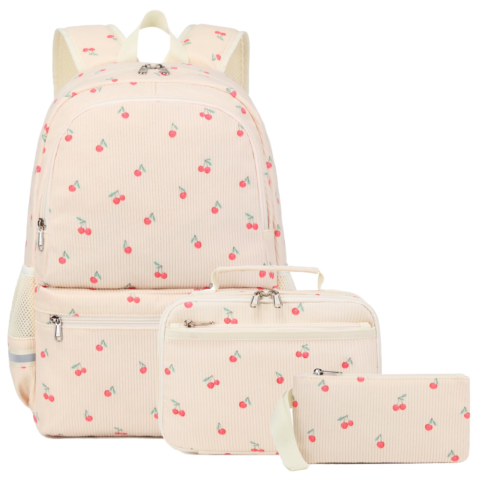 Octsky School Backpack for Teen Girls Cute Corduroy Kids Bookbag with Lunch Box Set, Beige/Cherry