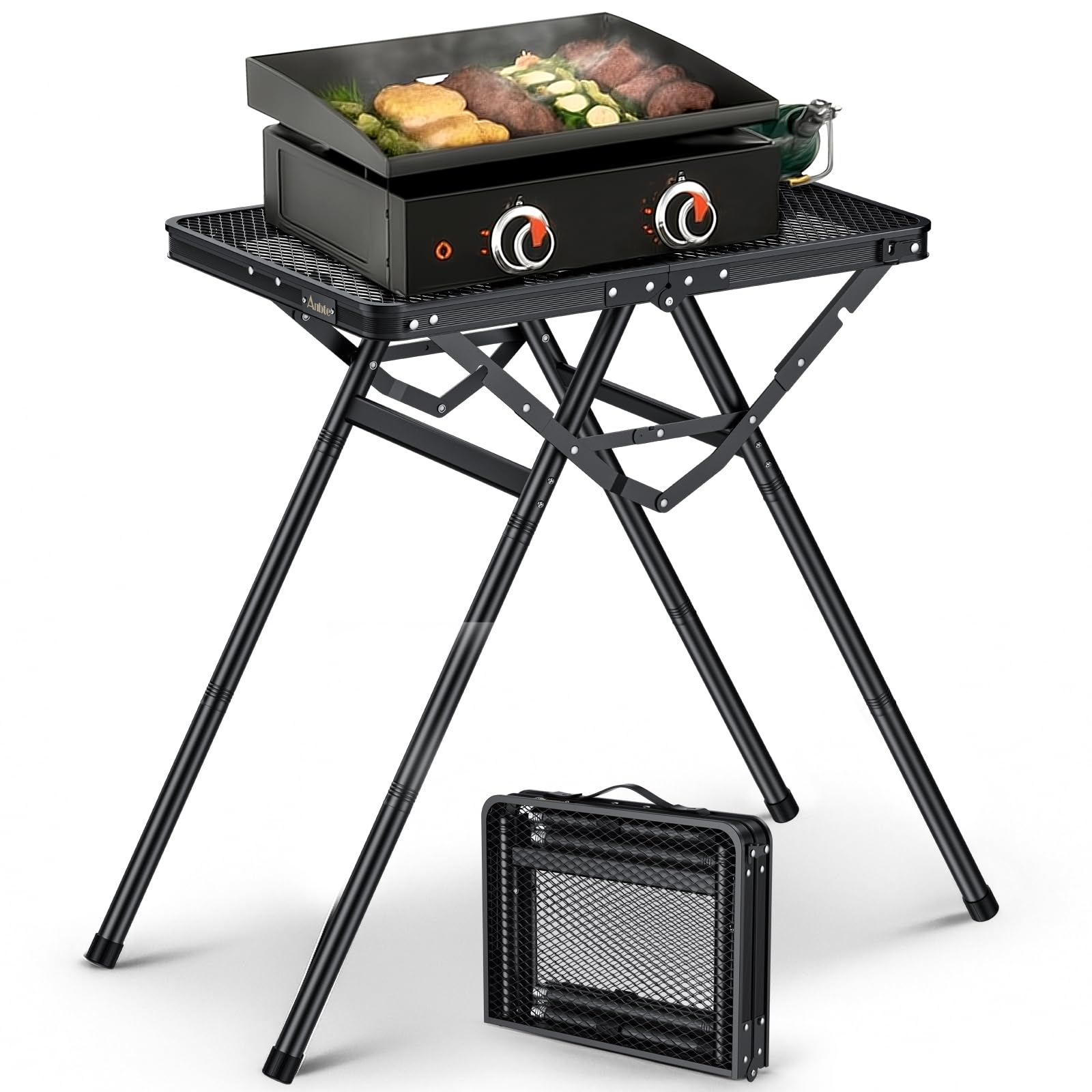 Anbte Mesa Camping Plegable 60 x 40 x 24.5/47.7/71cm, Mesa Plegable para Parrilla, Soporta 80KG, Estable, Tablero Resistente al Calor para Camping Barbacoa Cocina Patio