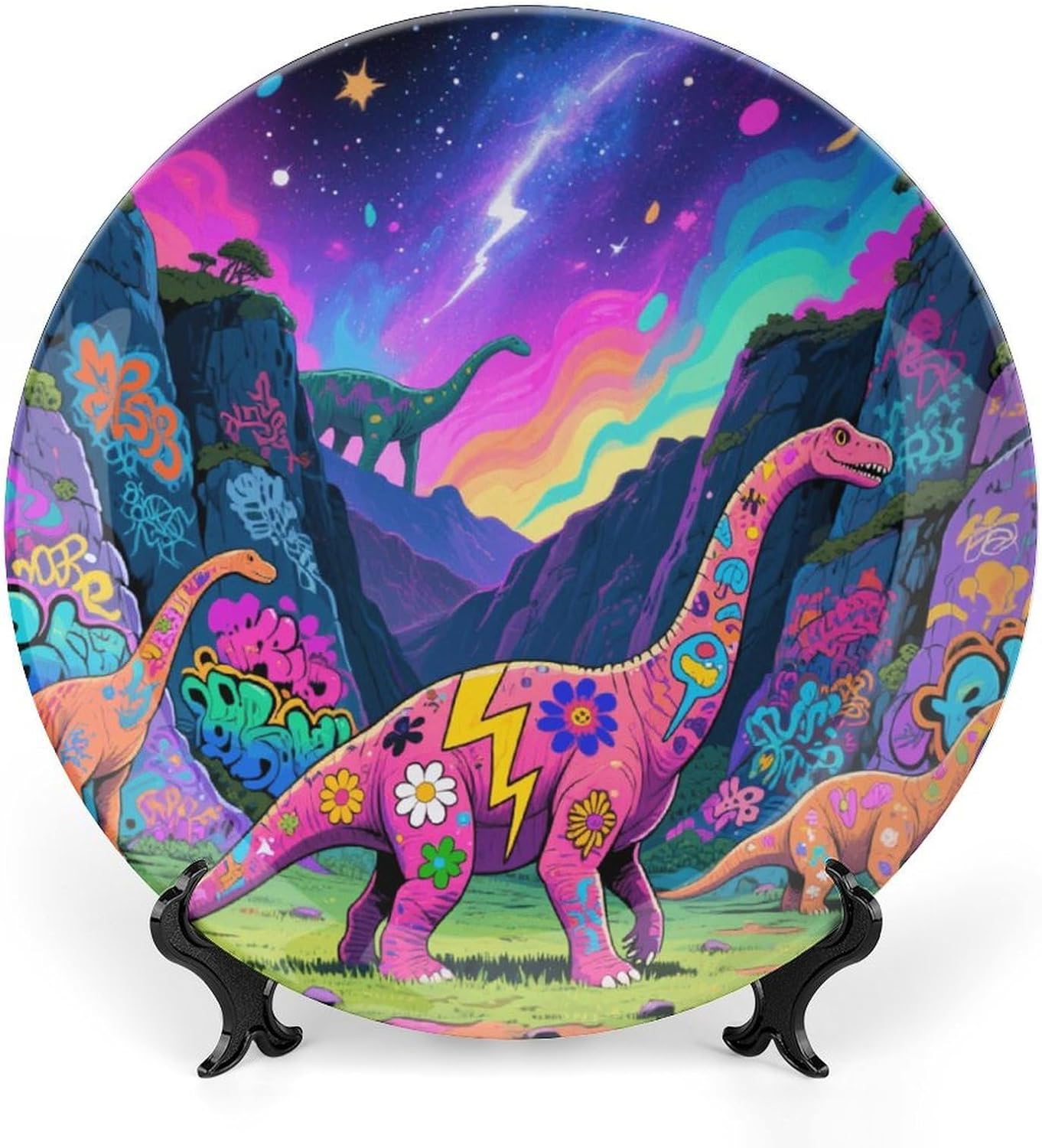 Bone China Decorative Plates Graffiti Dinosaur Ceramic Decorative Plate Wall Decor with Display Stand Ceramic Ornaments for Wall Hanging Decoration
