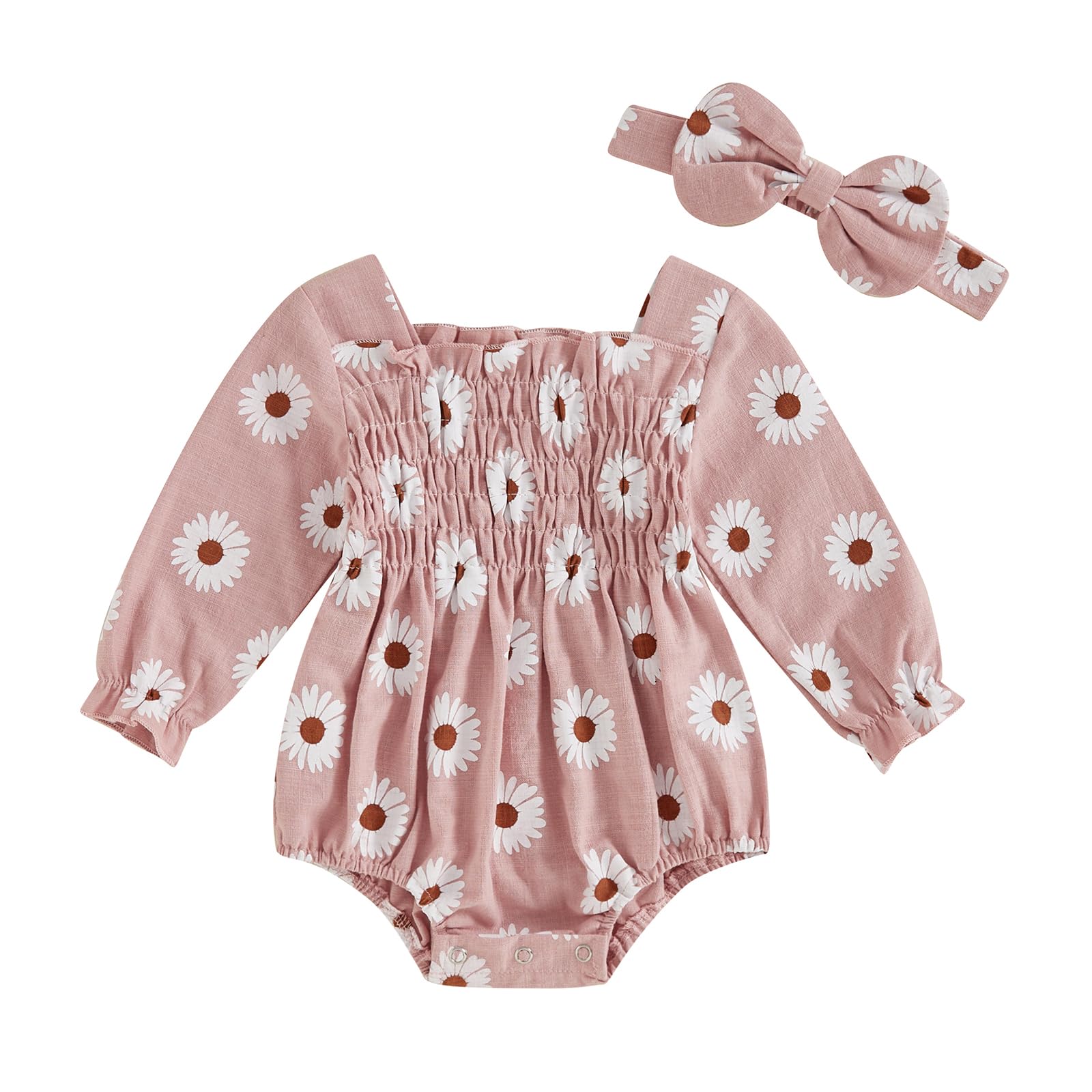 Ursobutegl Newborn Baby Girls Daisy Romper Long Sleeve Pleated Smocked Bubble Ruched Jumpsuit Bodysuit Fall Winter Clothes (Pink, 0-3 Months)