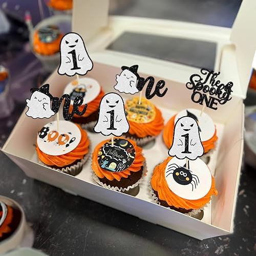 Miniatura 153 de Gyufise 24 piezas de decoración de magdalenas fantasmas – Purpurina blanca espeluznante Halloween Baby Shower Cupcake Picks para decoración