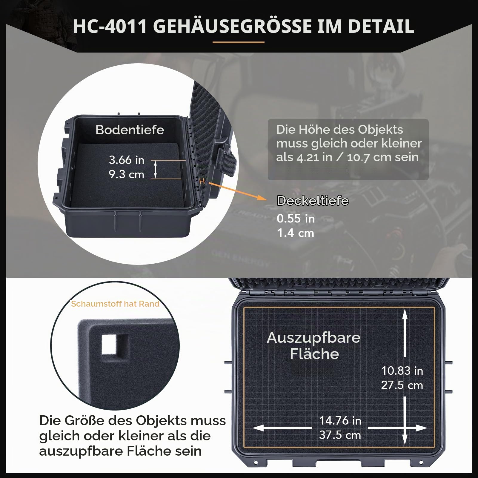 Lykus HC-4011 Wasserdichter Schaumstoffkoffer, Innengröße 37,5x27,5x10,7cm