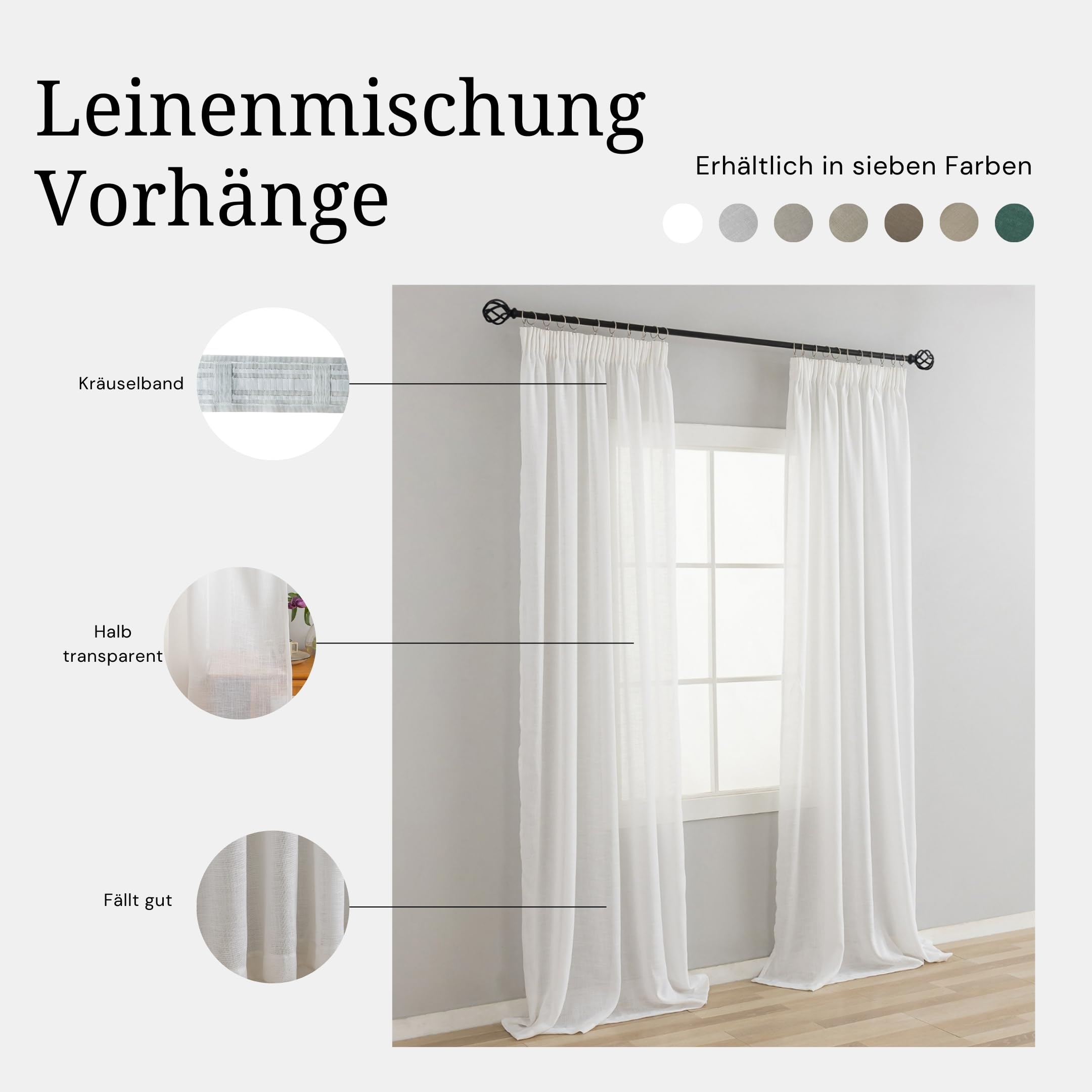 2er Set Leinen Mischgewebe Vorhänge mit Kräuselband Leinenoptik Gardinen für Schlafzimmer Wohnzimmer (HxB 245 x 140 cm, Weiß)