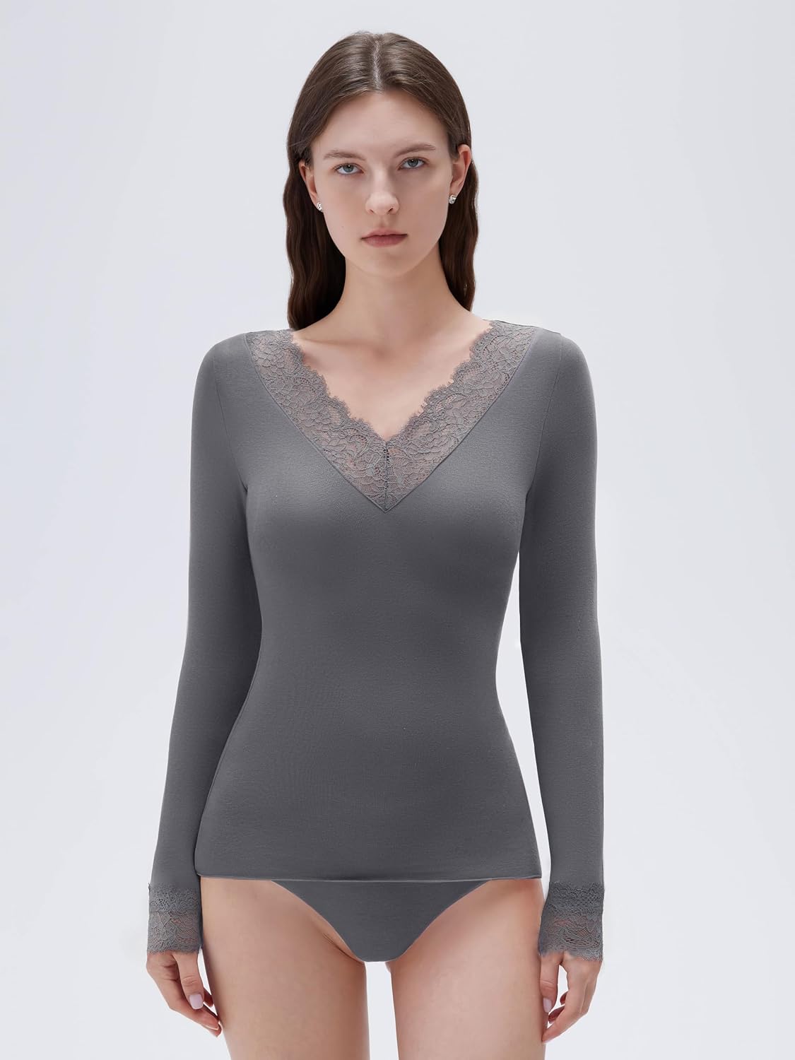SUUKSESS Cloud Cashmere Women Basic Tops V Neck Boat Neck Lace Long Sleeve Shirt Small 14-dark Gray