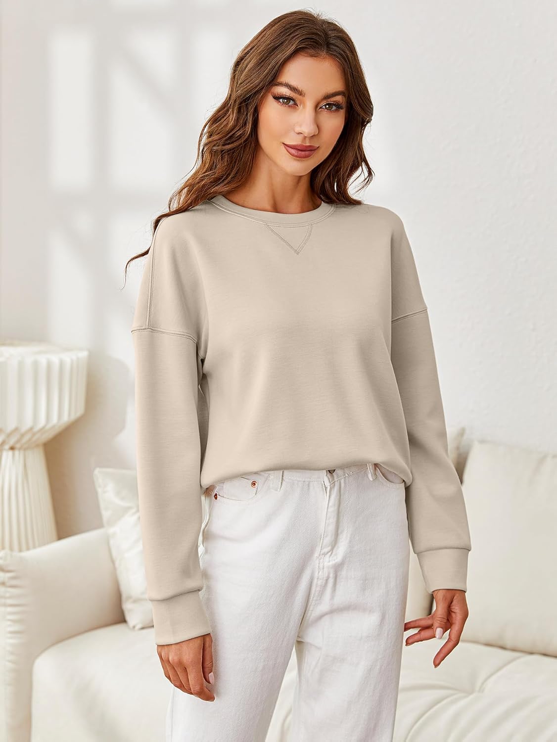 Glamaker Women's Crewneck Cropped Sweatshirt Pullover Stripe Air Essentials Basic Long Sleeve Shirts Casual Loose Fit Outfits - Image 2