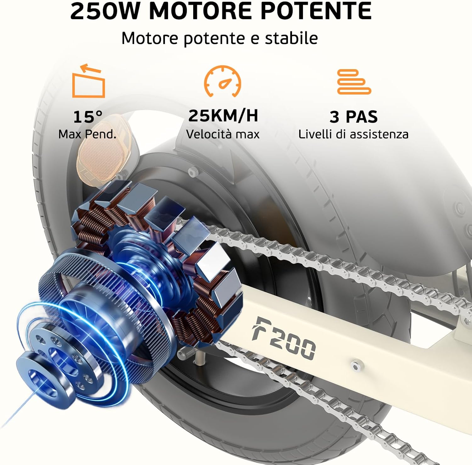 Diagram showing the 250W motor, 15 degree max incline, 25 km/h max speed, and 3 pedal assistance levels.