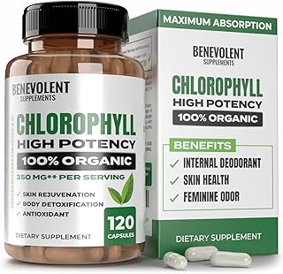 Benevolent Chlorophyll Capsules 350mg - 100% Natural + Ultra Chlorophyll 20x Potency Concentration for Energy Boost, Immune Support, Internal Deodorant, Skin Health, Non-GMO, 120 Capsules