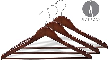 Wood Suit Hanger w/Solid Wood Bar, Box of 50 Space Saving 17 Inch Flat Wooden Hangers w/Walnut Finish & Chrome Swivel Hook & Notches for Shirt Dress or Pants