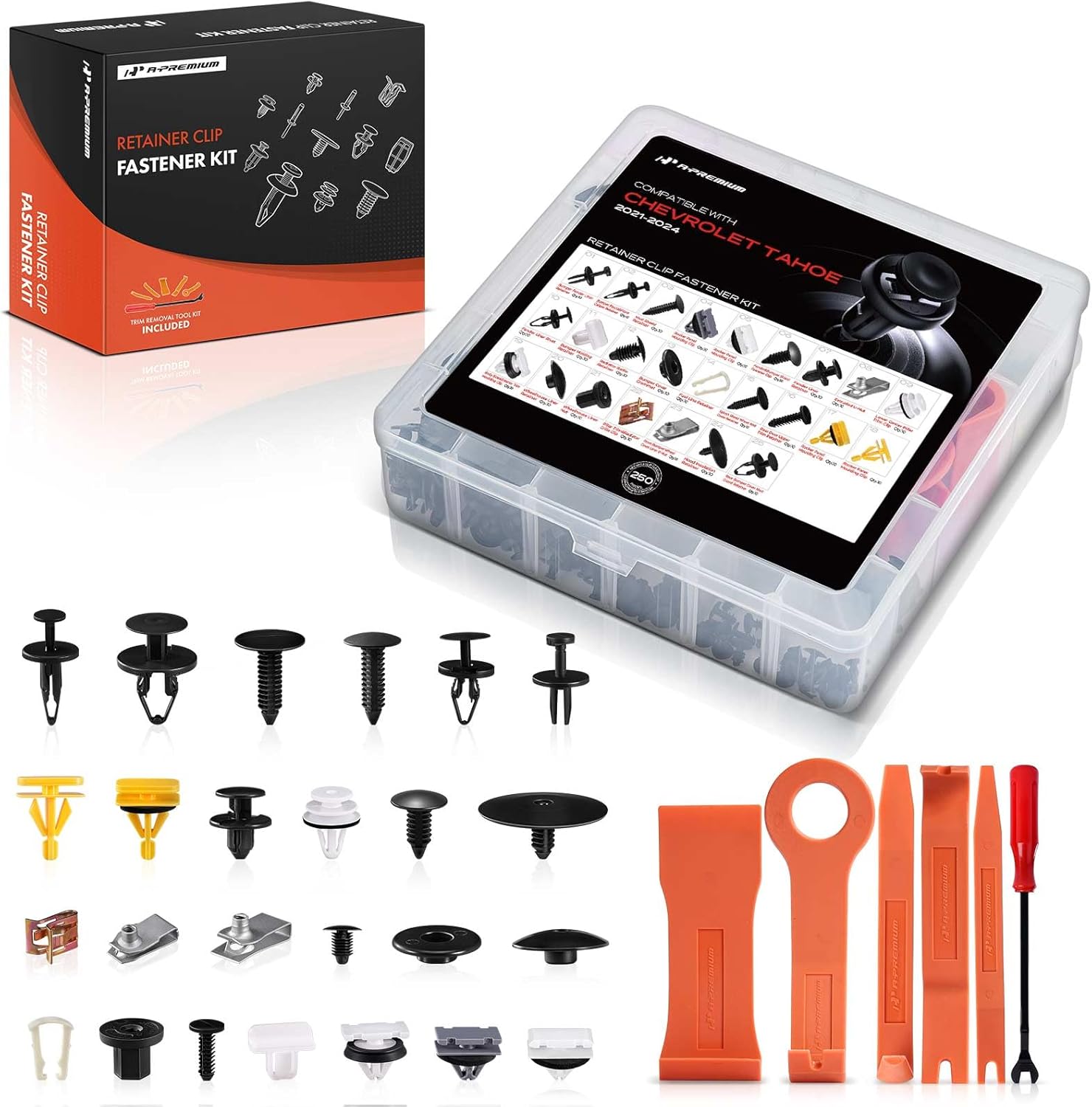 A-Premium 250PCS (48.16 oz/25 Sizes) Bumper Retainer Clips w/Removal Tool Compatible with Chevrolet Tahoe 2021-2024 Fender Fasteners Assortment Hood Splash Shields Clips Door Trim Push Pin Rivets Set