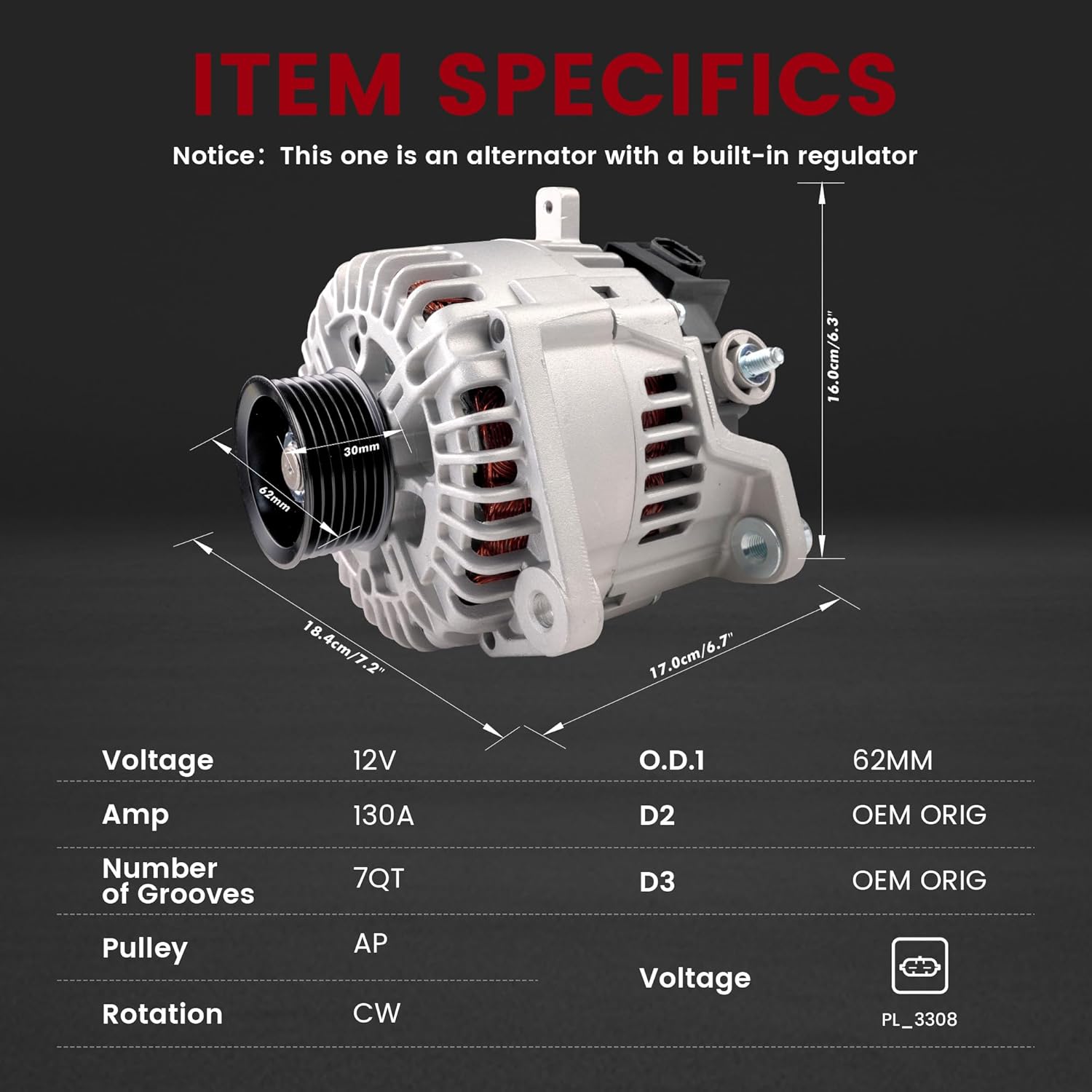 Alternator Fits for/Nissan Armada Frontier NV1500 NV2500 NV3500 Pathfinder Titan Xterra for-Infiniti QX56 Fits for/Suzuki Equator 12V 130A 7 Groove Pulley 23100-ZH00A,2606353A,31400-82Z10