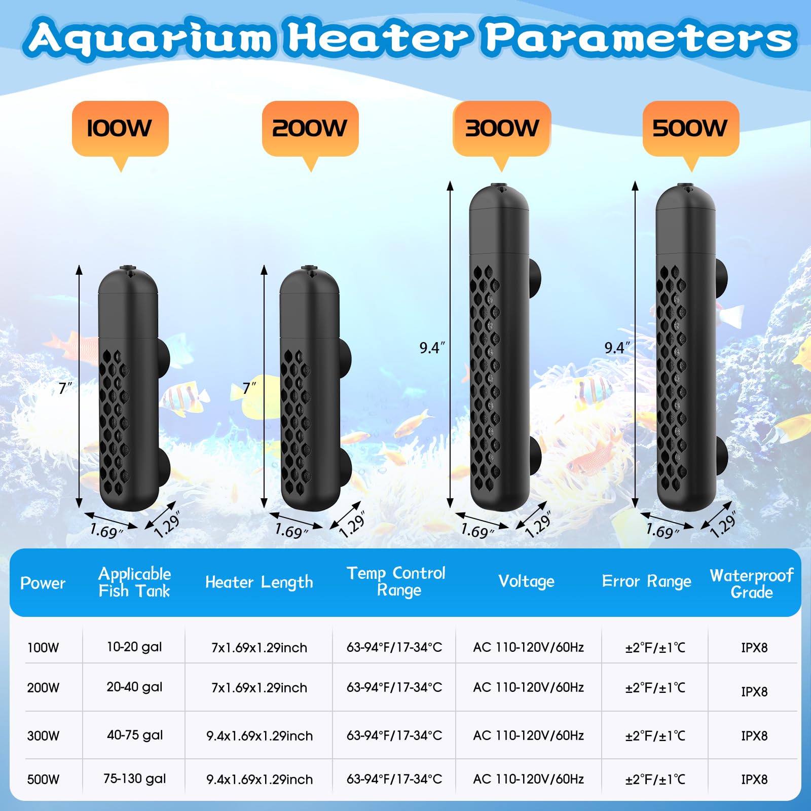 Riscaldatore per acquario, 100 W/200 W/300 W/500 W, riscaldatore regolabile per acquari, con controller digitale intelligente a LED, protezione contro surriscaldamento e fuori dall'acqua per