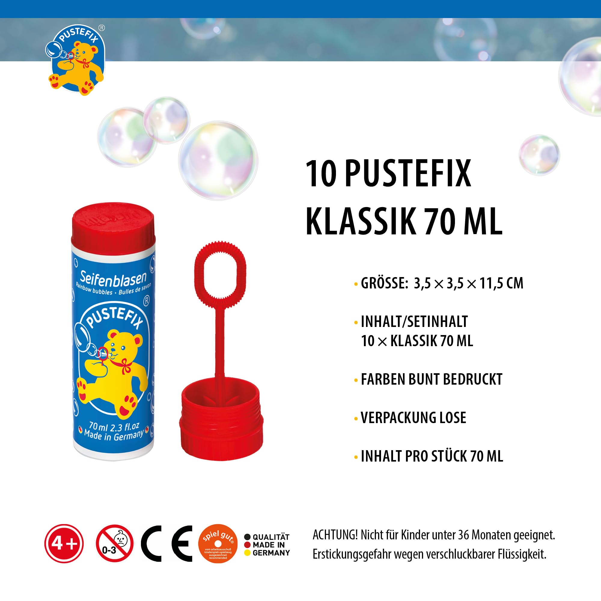 PUSTEFIX Juego de burbujas de jabón, 10 unidades clásicas de 70 ml, coloridas burbujas fabricadas en Alemania, para bodas, cumpleaños infantiles, oficina de registro, despedida de soltera, 10 x 70 ml,