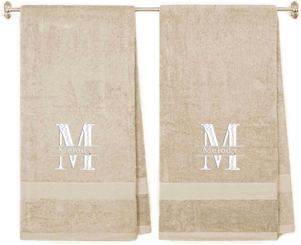 Split Initial Personalized Towels, 100% Terry Cotton Bath Towels with Embroidered Name and Initial, Set of 2 for Bridesmaide, Anniversary, Wedding Day, Spa - Beige