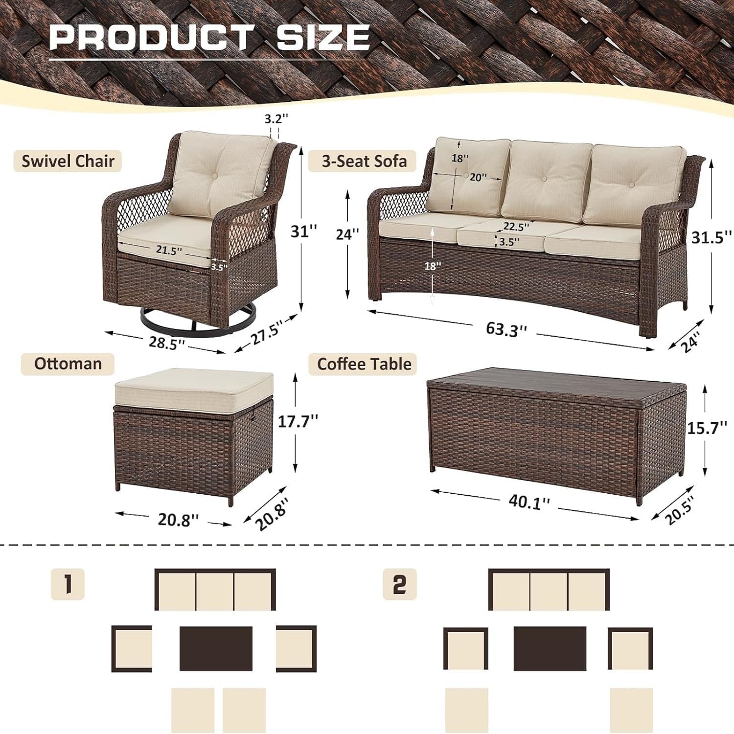 6 Pieces Wicker Patio Furniture Set Conversations Sets, 2 Outdoor 360° Swivel Chairs, Patio Swivel Chair with Table and Ottoman for Garden, Poolside, Backyard (Beige)