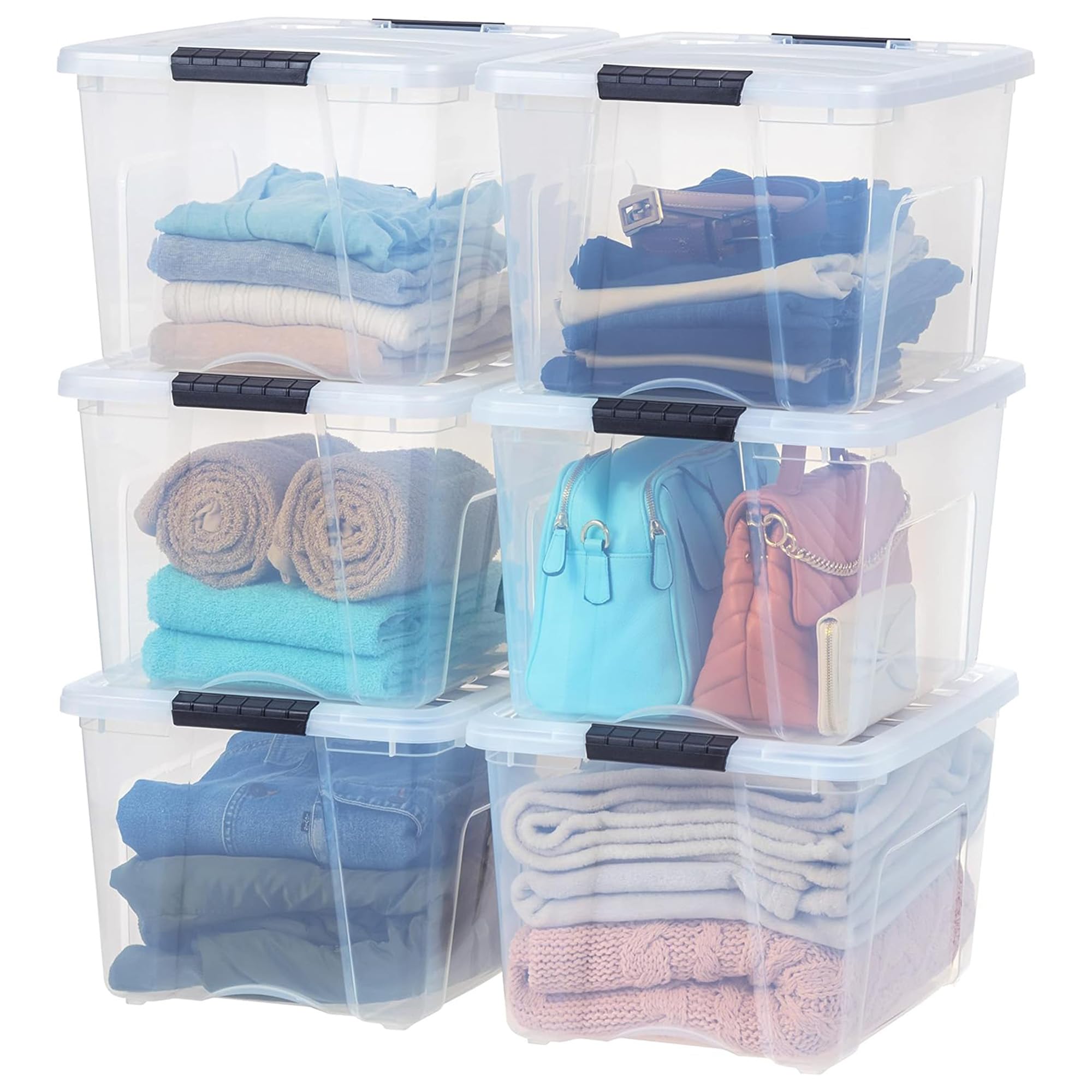 IRIS USA 40 QT Plastic Storage Box with Lid and Latches - 6 Pack - BPA-Free, See-Through Organizing Solution, Durable Nestable Stackable Containers, Secure Pull Handle - Clear