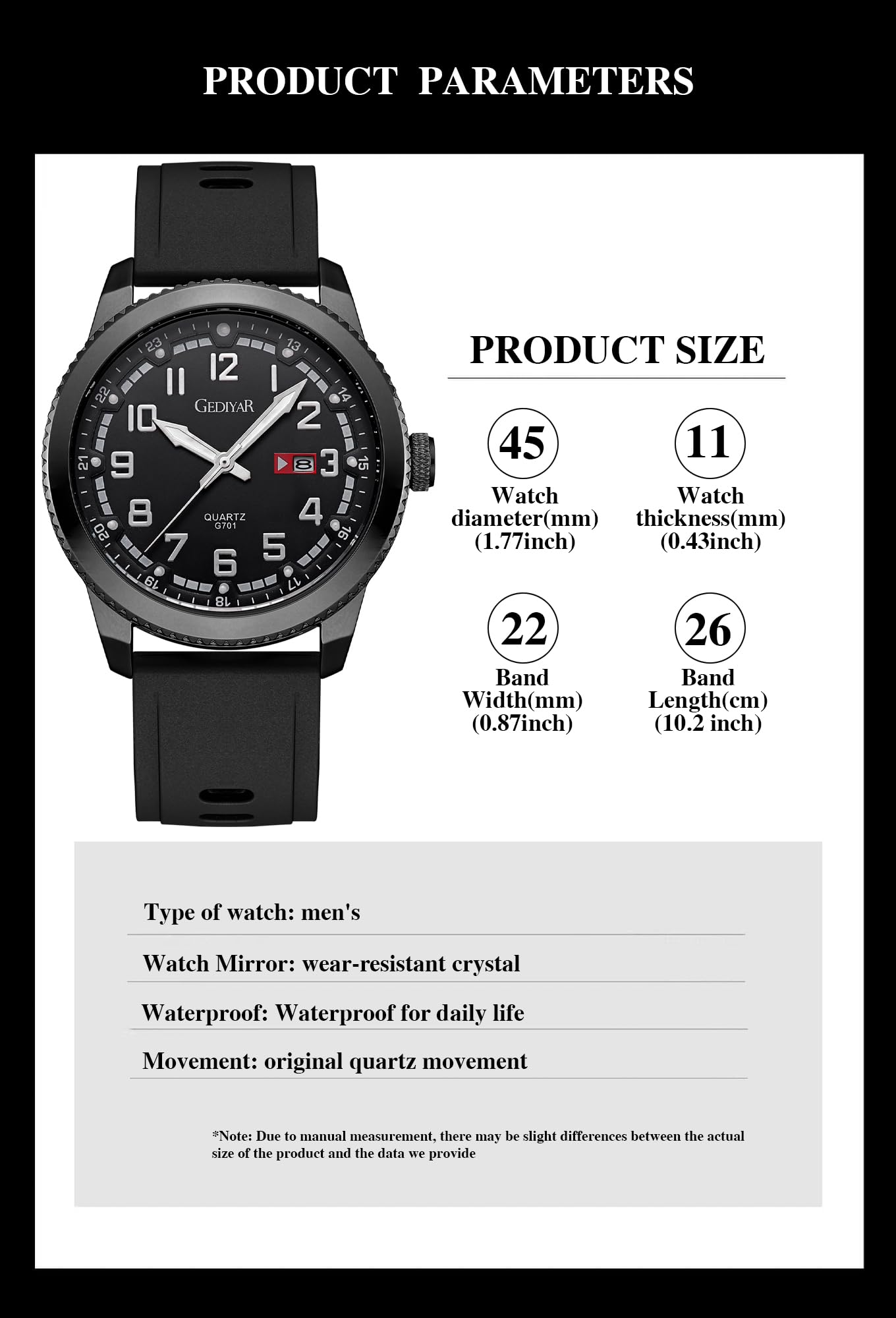 Orologio da uomo con quadrante grande, impermeabile, cinturino in silicone, analogico al quarzo, facile da leggere, con data, orologio sportivo luminoso – durevole ed elegante (G701 nero),