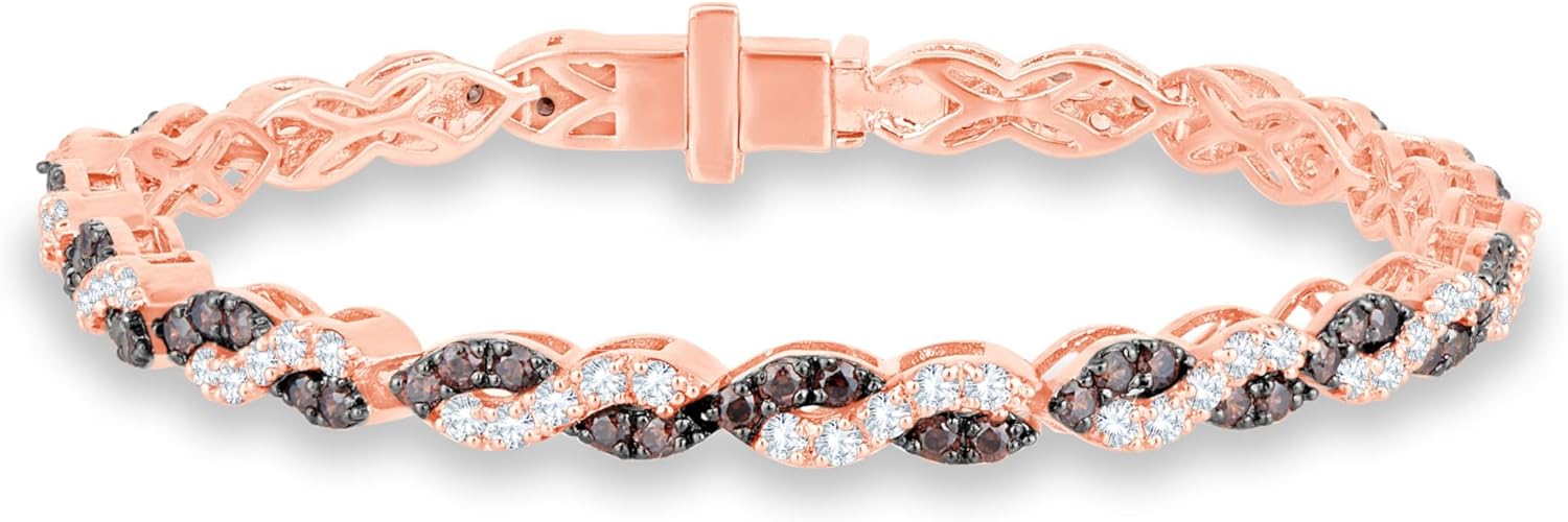 12 Carat Round Shape Simulated Brown and White Diamond Intertwined Wedding Engagement Tennis Bracelet In 14K Rose Gold Plated
