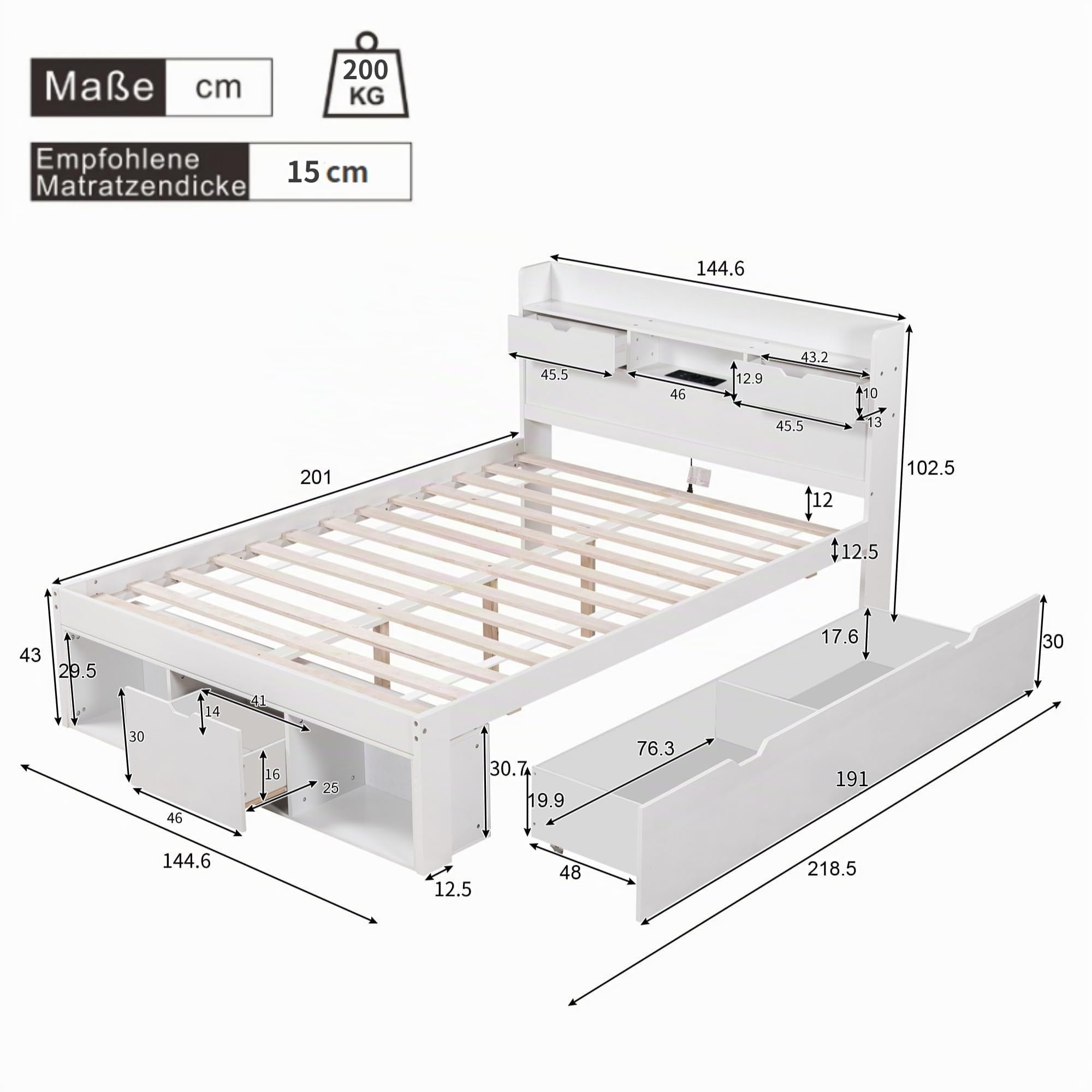Doppelbett 140x200, Holzbett mit Schubladen & Bücherregal & Stauschrank, Stauraum-Kopfteil Bett mit USB Ladefunktion & Steckdose, Funktionsbett Kinderbett Jugendbett Stauraumbett, Ohne Matratze, Weiß